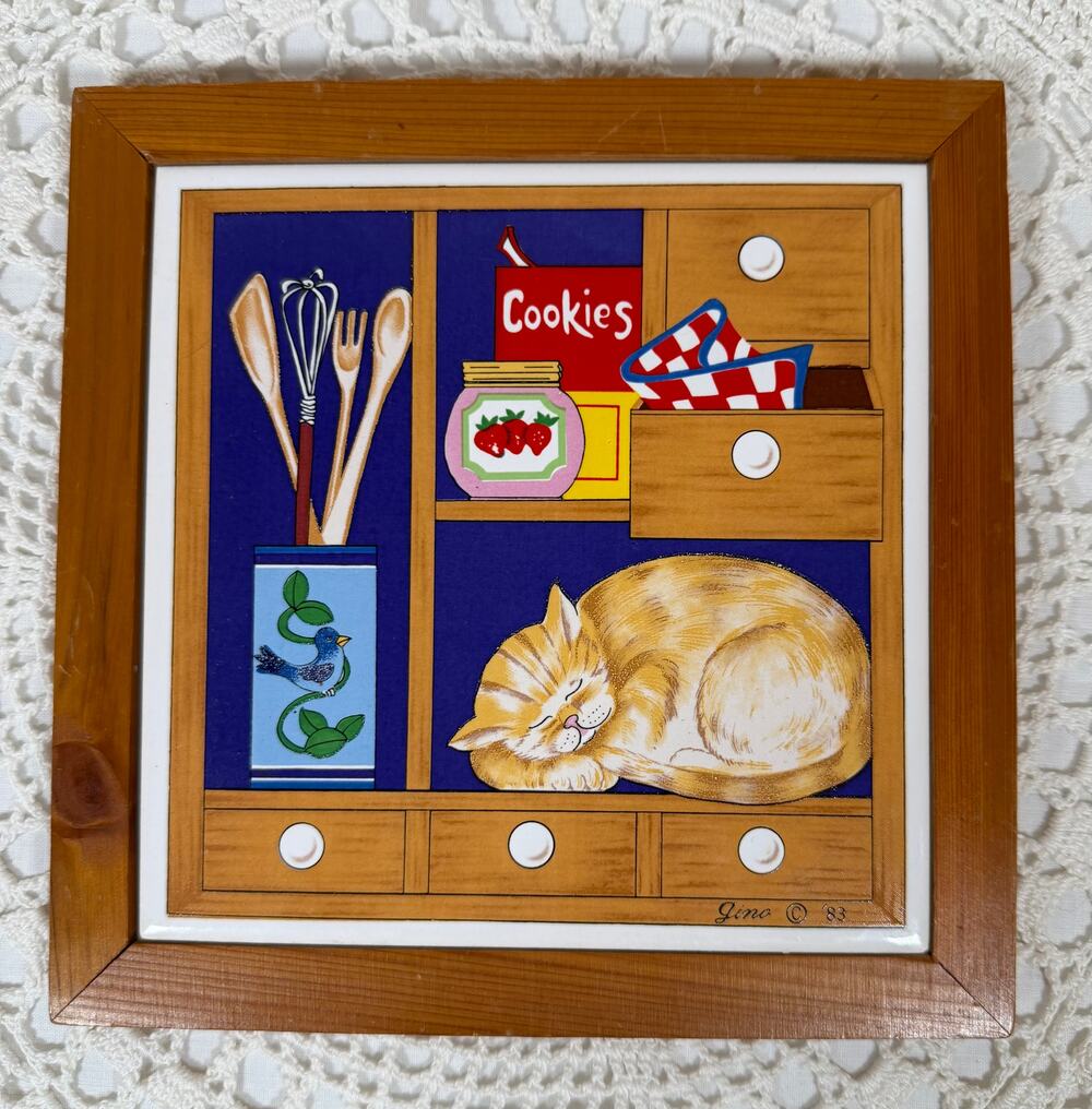 1983 Gino Cat Ceramic Tile Trivet Wood Frame Kitchen Vintage Cottagecore